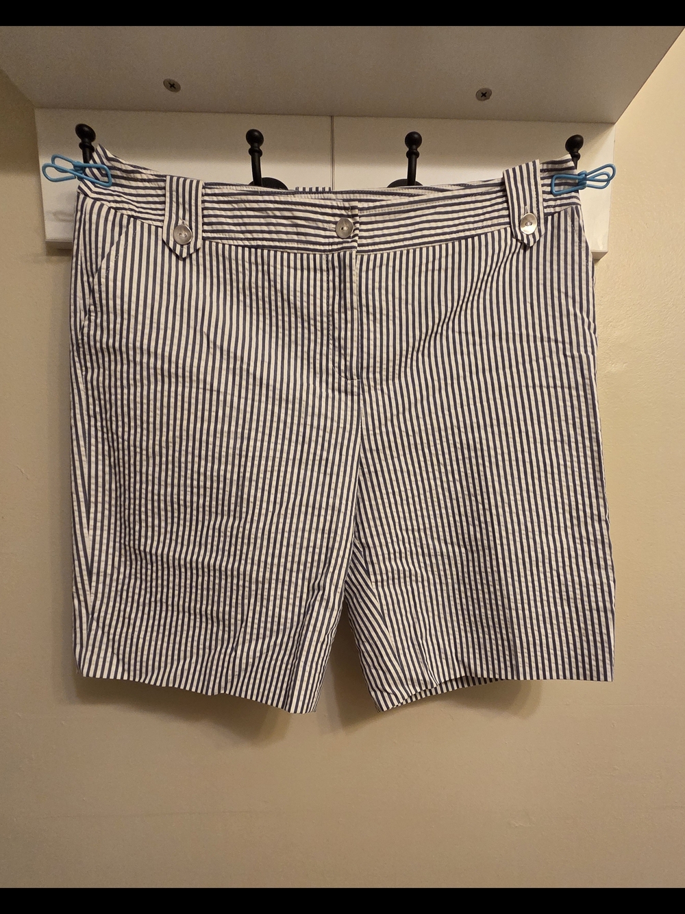 Coastal Preppy Cotton Striped Seersucker Bermuda Shorts 12 Navy White USA Made